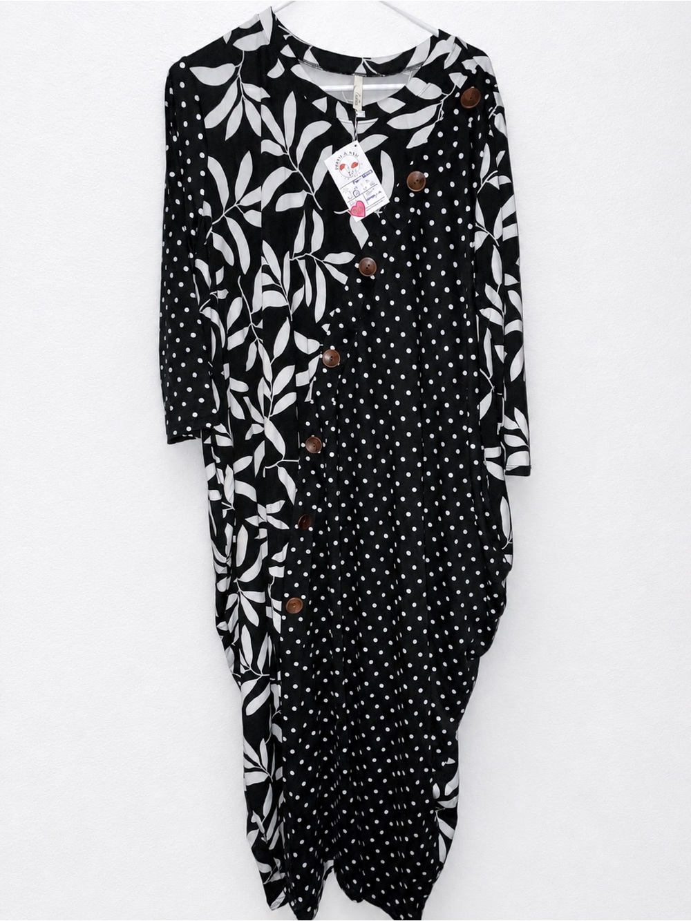 Black & White Polka Dot Floral Button-Detail Women's Bubble Dress